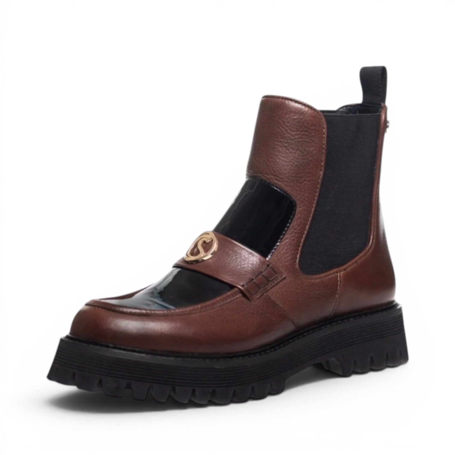 My Store Copenhagen CS7612 brown leather Chelsea boots with patent leather accents and gold buckle detail.