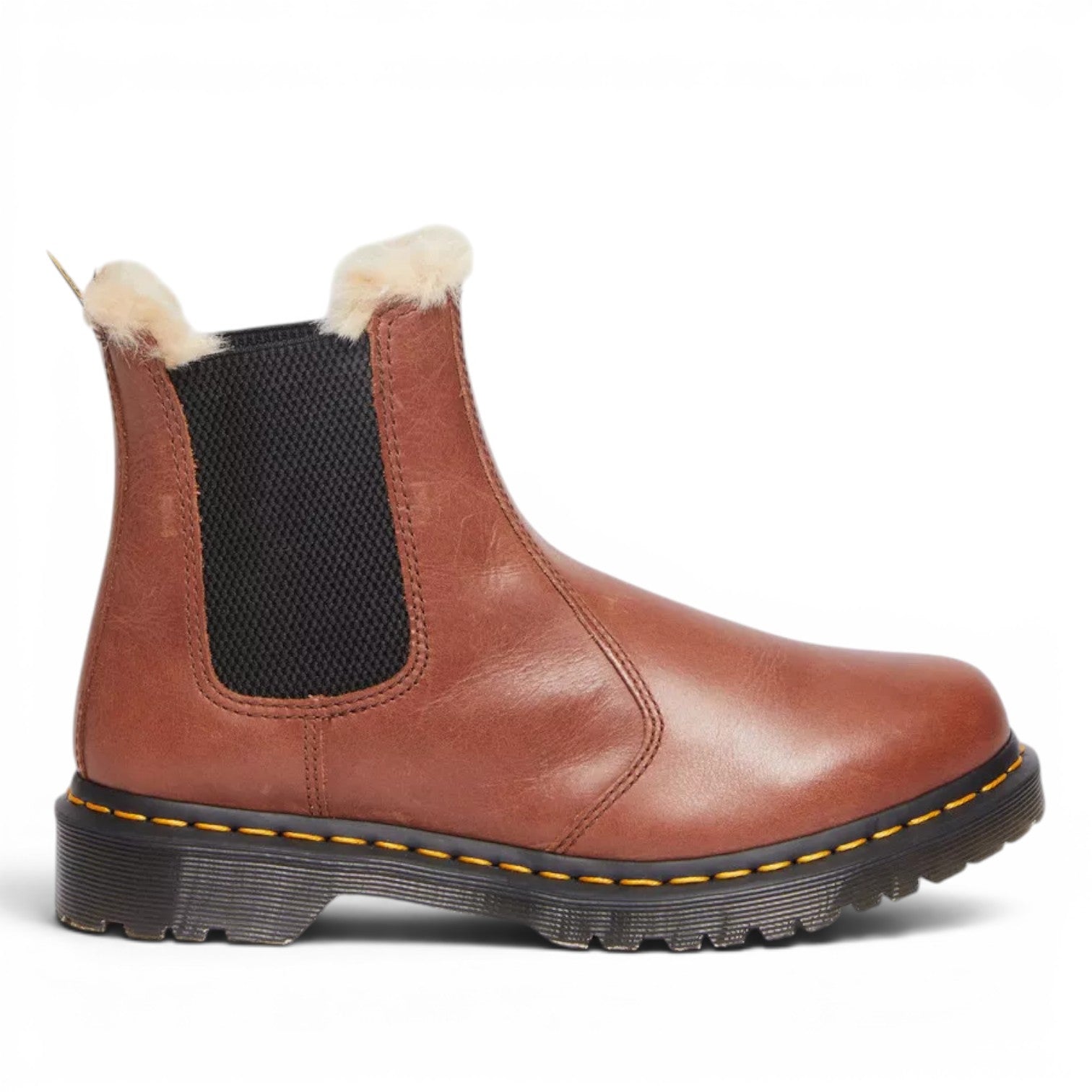 My Store Dr. Martens 2976 Leonore faux fur-lined brown leather Chelsea boots with elasticated side panels and yellow stitching.