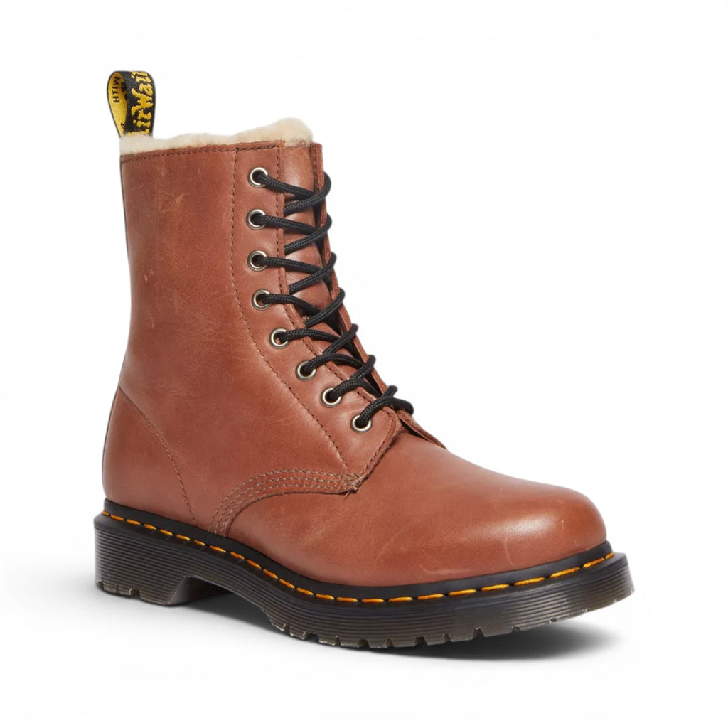 My Store Dr. Martens 1460 Serena brown faux fur lined leather boots with black laces and yellow stitching.
