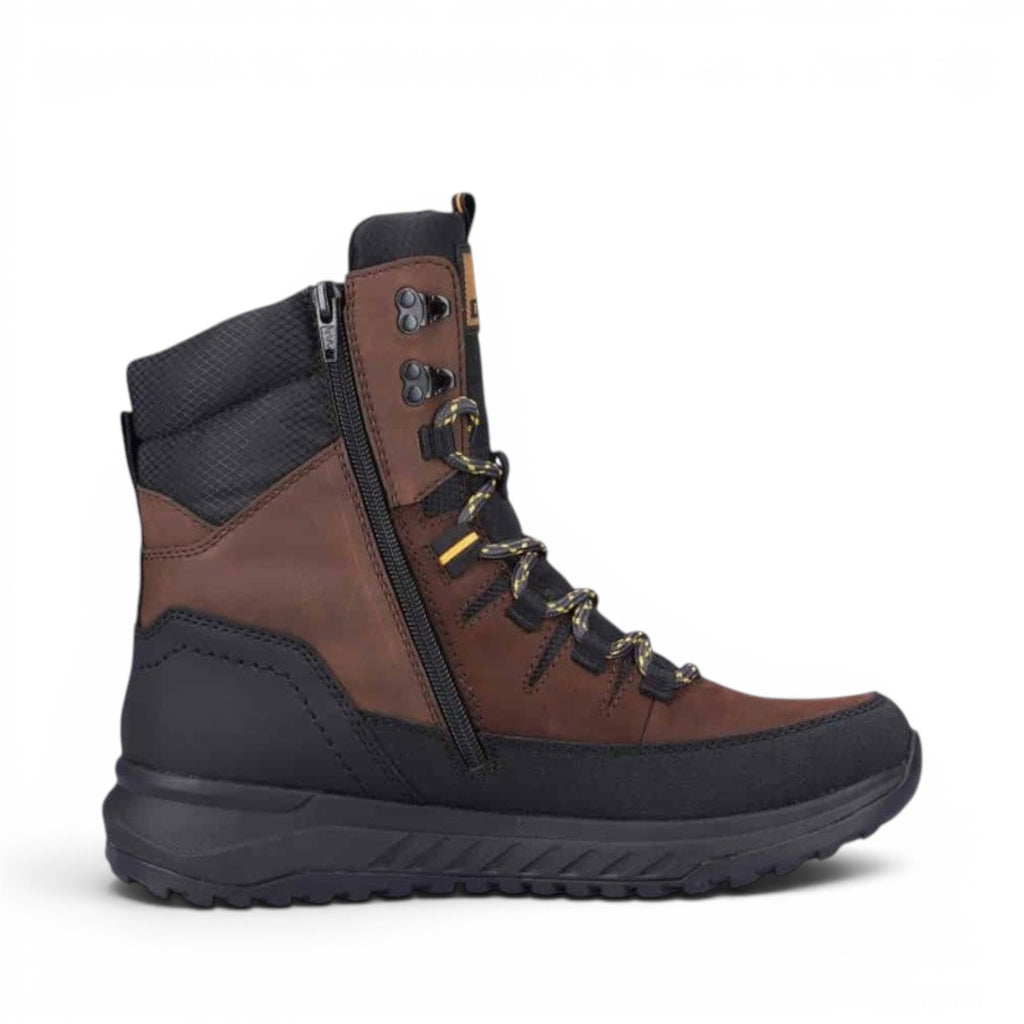 My Store brown leather and black synthetic winter boots with lamb wool lining and side zip.
