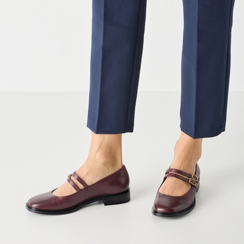 My Store burgundy leather Mary Jane flats with double strap and buckle detail.