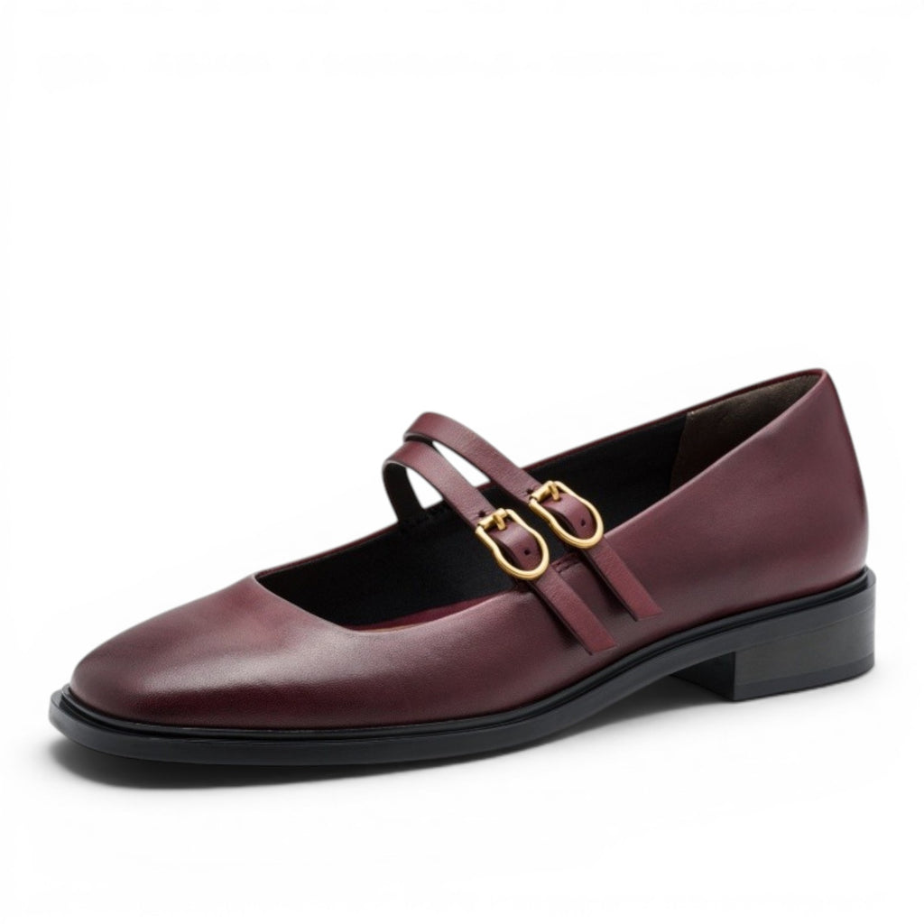 My Store burgundy leather Mary Jane flats with double buckle straps and a low block heel.