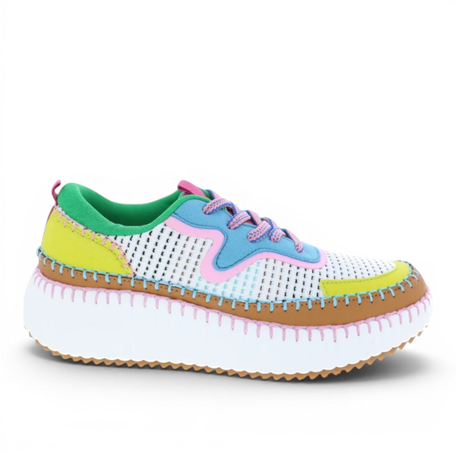 My Store Claudia Ghizzani white textile sneakers with colorful stitched accents, blue laces, and a thick white platform sole.