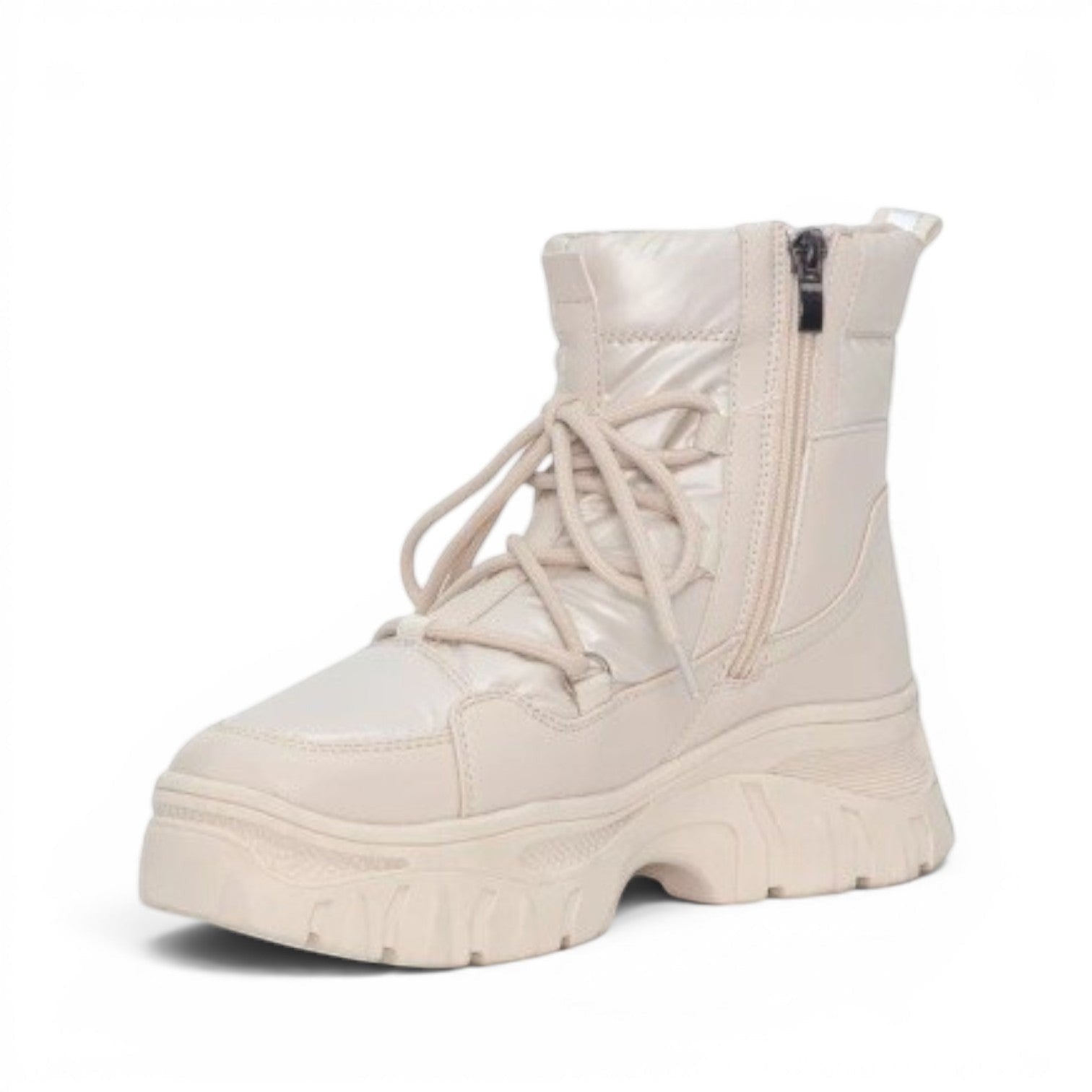 My Store cream waterproof synthetic material winter boots with side zip and laces, featuring a chunky sole.
