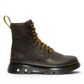 My Store Tarik Crazy Horse leather utility boots in dark brown with yellow laces and a thick black sole.