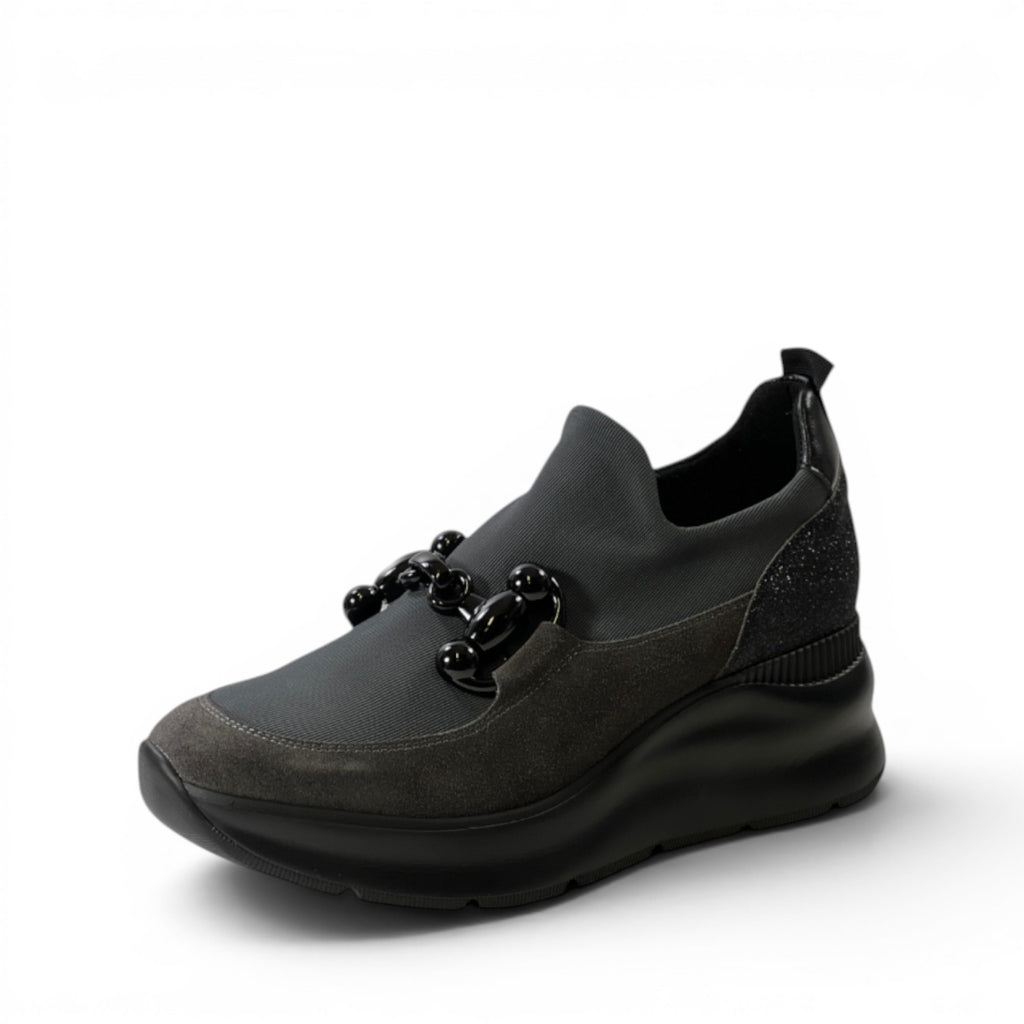 My Store dark grey slip-on sneakers with a suede toe cap and black chain embellishment. Features a glitter heel accent and a thick platform sole.