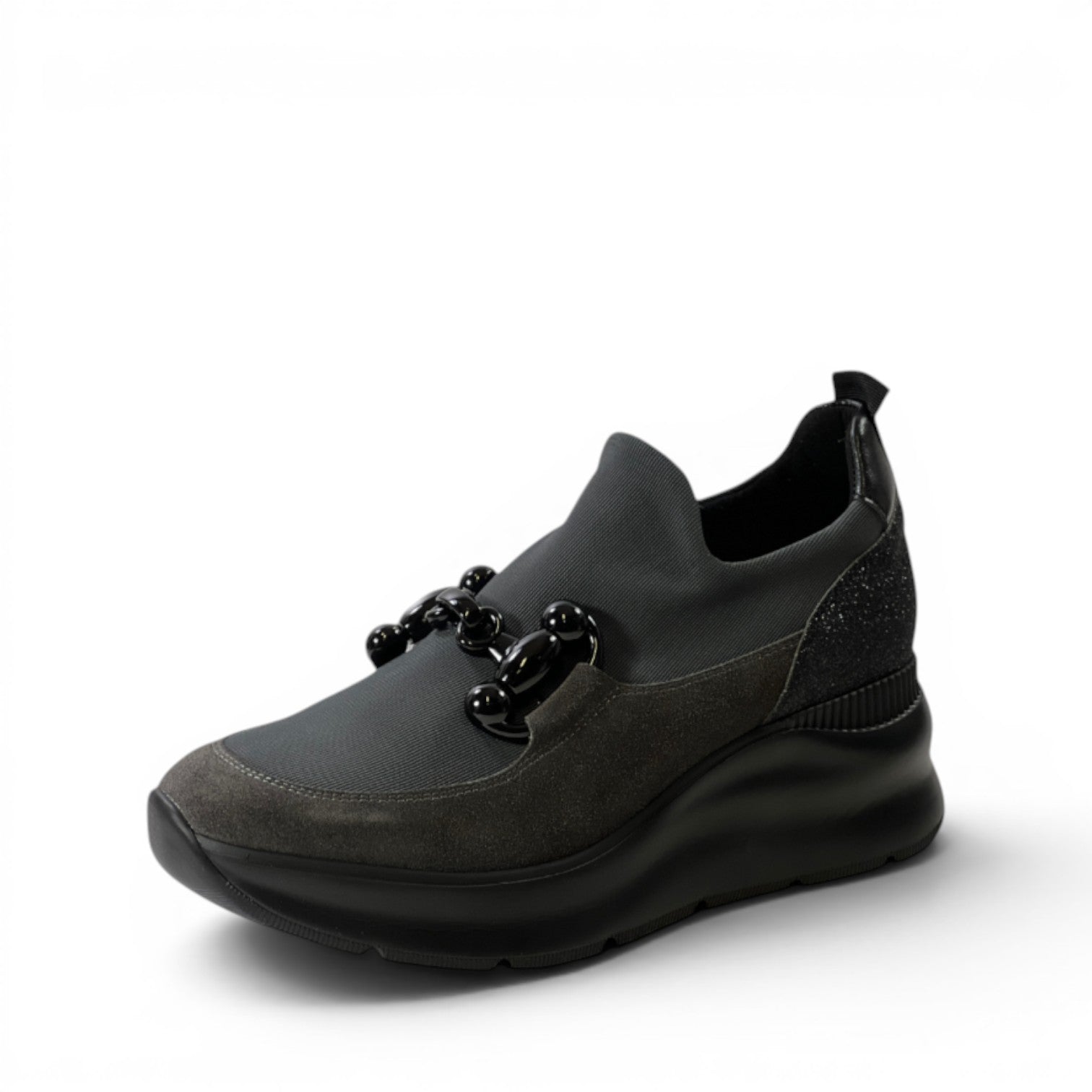 My Store dark grey slip-on sneakers with a suede toe cap and black chain embellishment. Features a glitter heel accent and a thick platform sole.