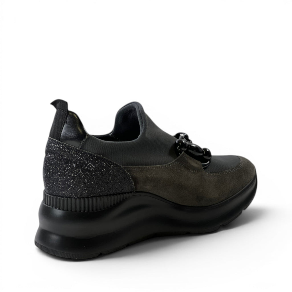 My Store dark grey mixed material sneakers with glitter heel detail and black chain accent.
