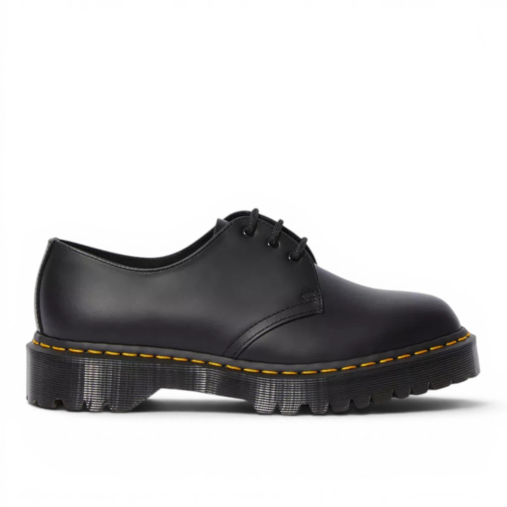 My Store Dr. Martens 1461 Bex black smooth leather platform shoes with yellow stitching.