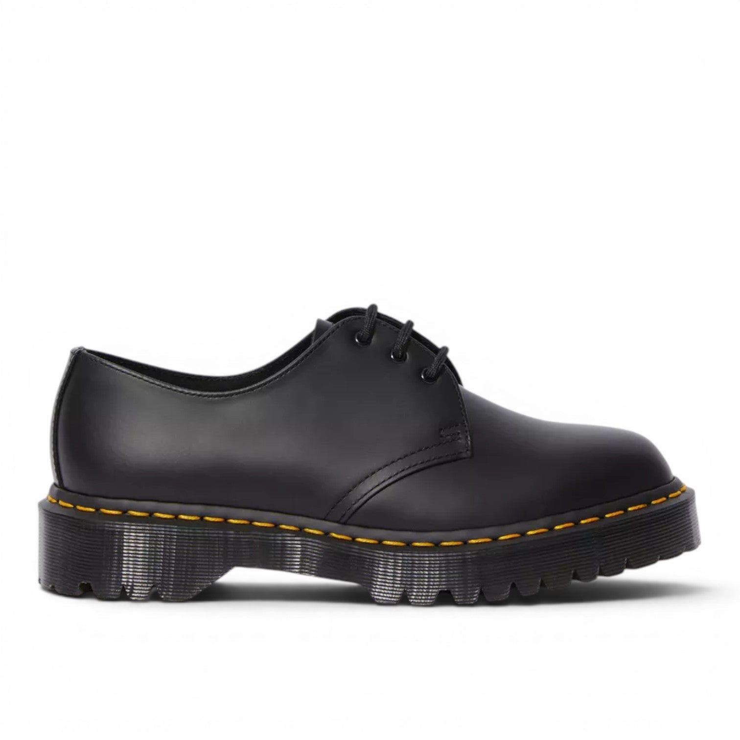 My Store Dr. Martens 1461 Bex black smooth leather platform shoes with yellow stitching.