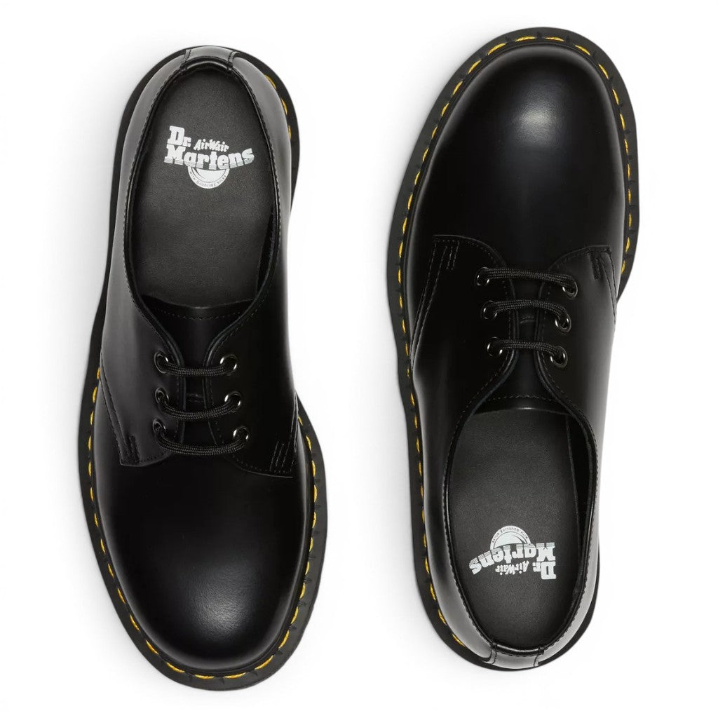My Store Dr. Martens 1461 black smooth leather platform shoes with yellow stitching and lace-up closure.