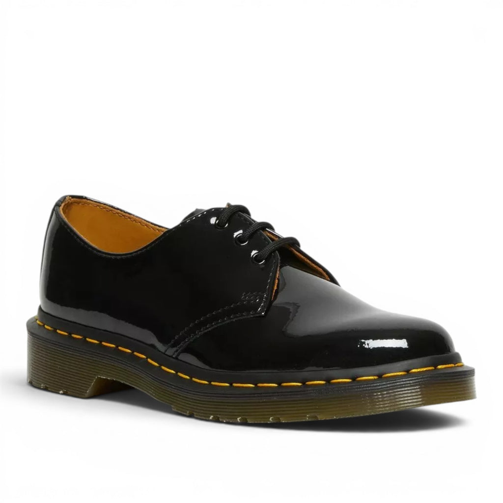 My Store Dr. Martens 1461 black patent leather oxford shoes with yellow stitching and a PVC sole.