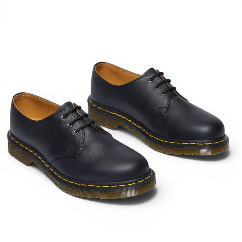 My Store Dr. Martens 1461 Nappa black leather 3-eye shoes with yellow stitching and air-cushioned sole.