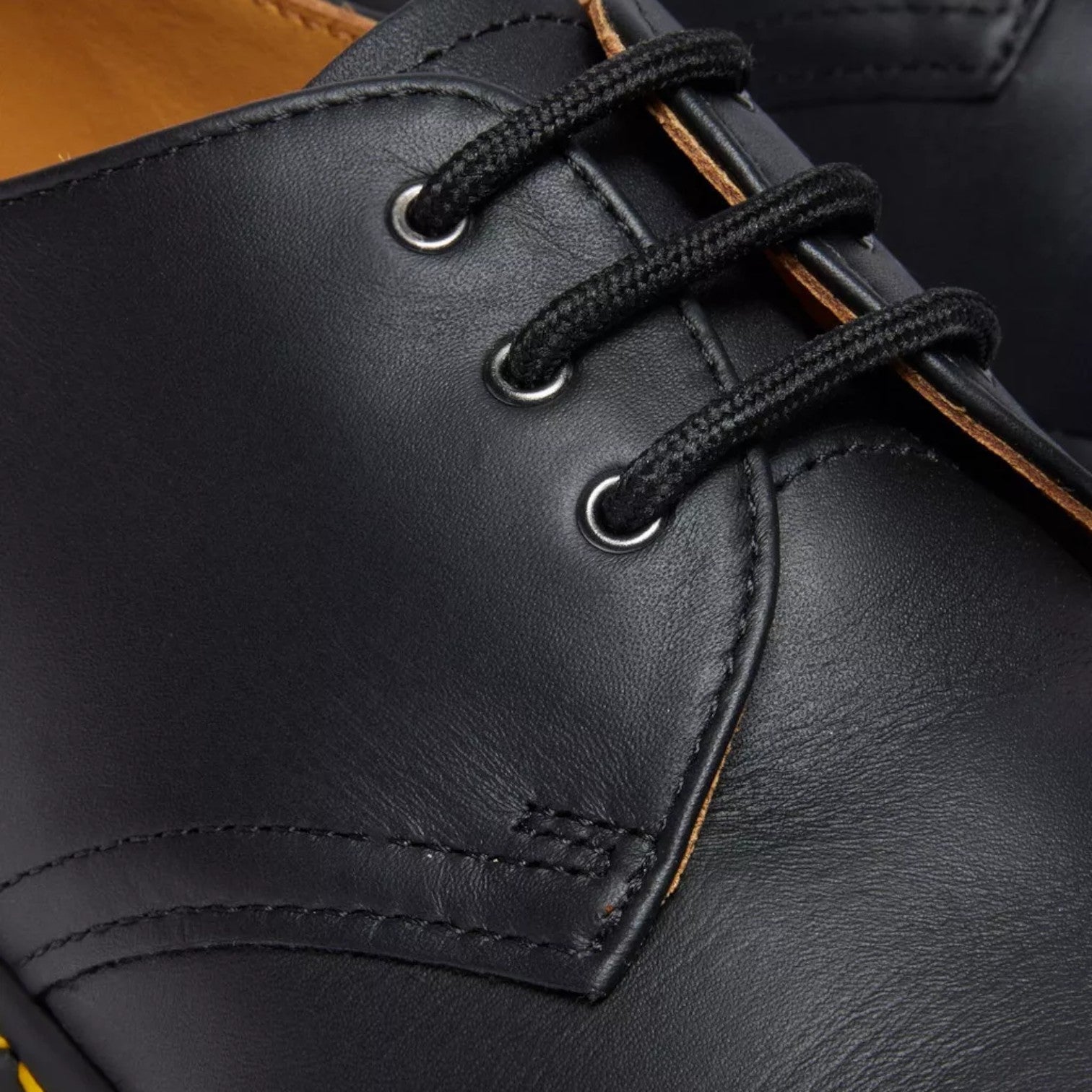 My Store Dr. Martens 1461 Nappa black leather 3-eye shoes with black laces and yellow stitching.