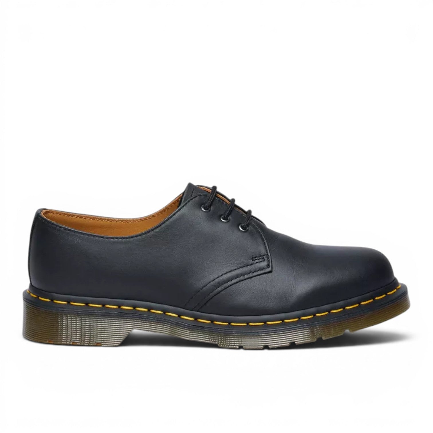 My Store Dr. Martens 1461 Nappa black leather 3-eye shoes with yellow stitching and PVC sole.