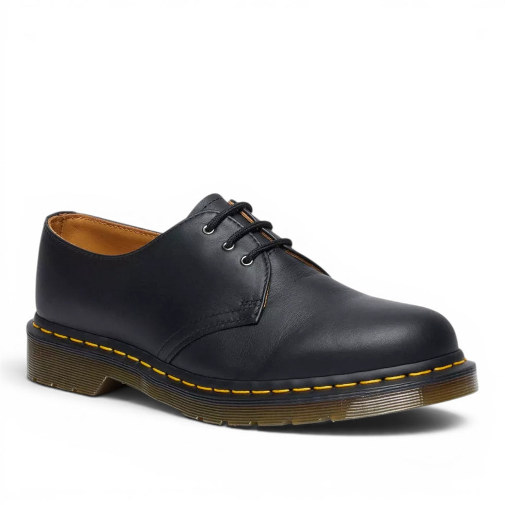 My Store Dr. Martens 1461 Nappa black leather 3-eye shoes with yellow stitching and PVC sole.
