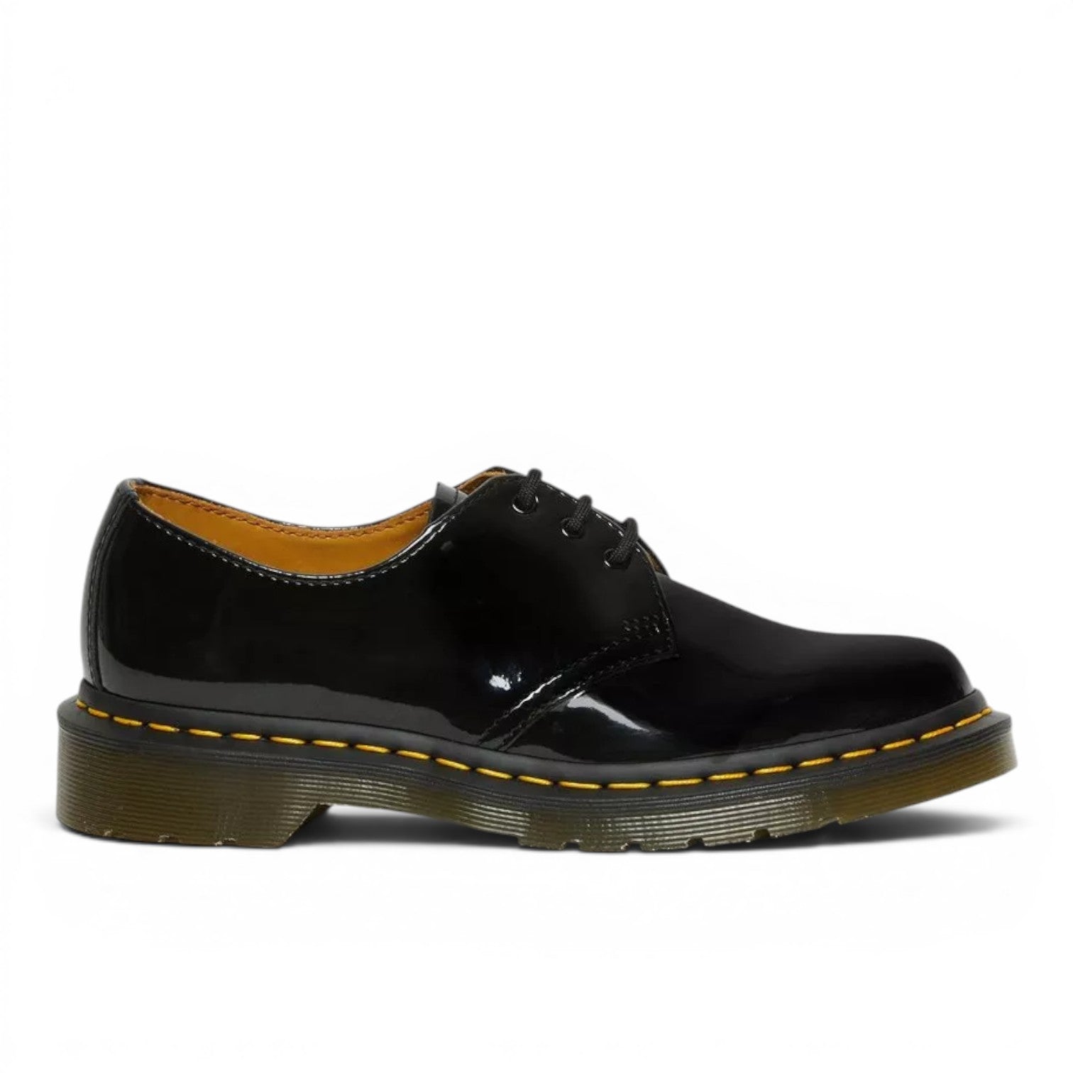 My Store Dr. Martens 1461 patent leather oxford shoes in black with yellow stitching and a PVC sole.