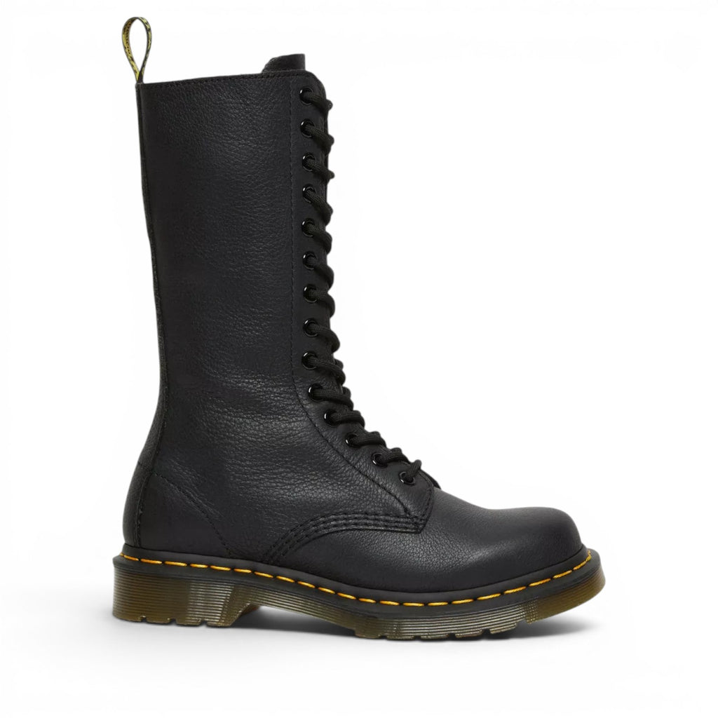 My Store Dr. Martens 1B99 Virginia black pebbled leather high lace-up boots with yellow stitching and AirWair sole.