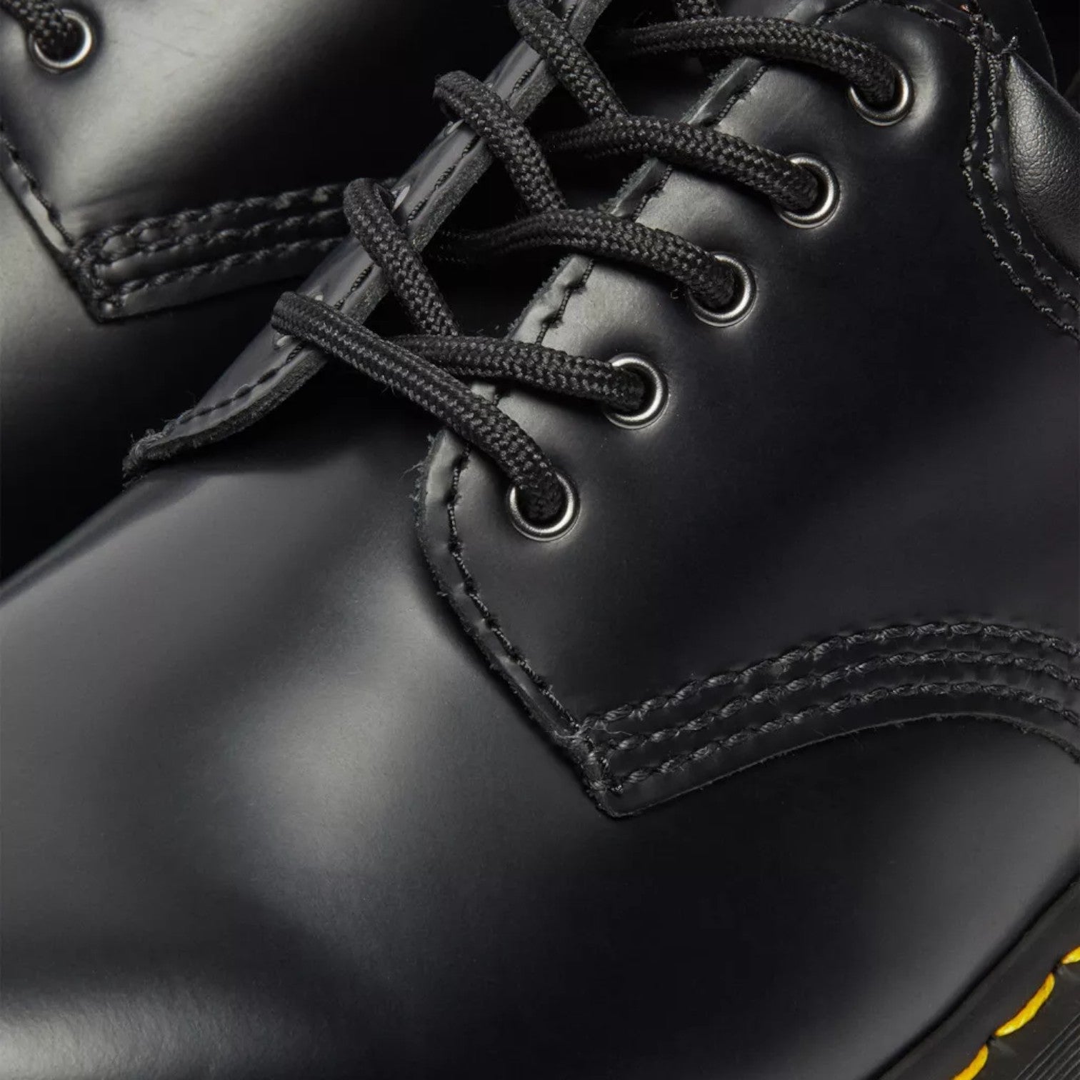 My Store Dr. Martens 8053 Quad Smooth Leather black lace-up shoes with yellow stitching detail.