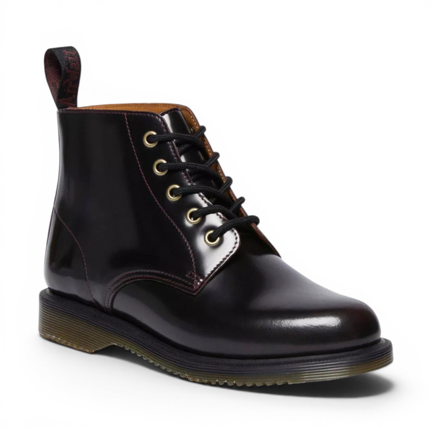 My Store Dr. Martens Emmeline Arcadia cherry red leather lace-up ankle boots with yellow stitching and pull tab.