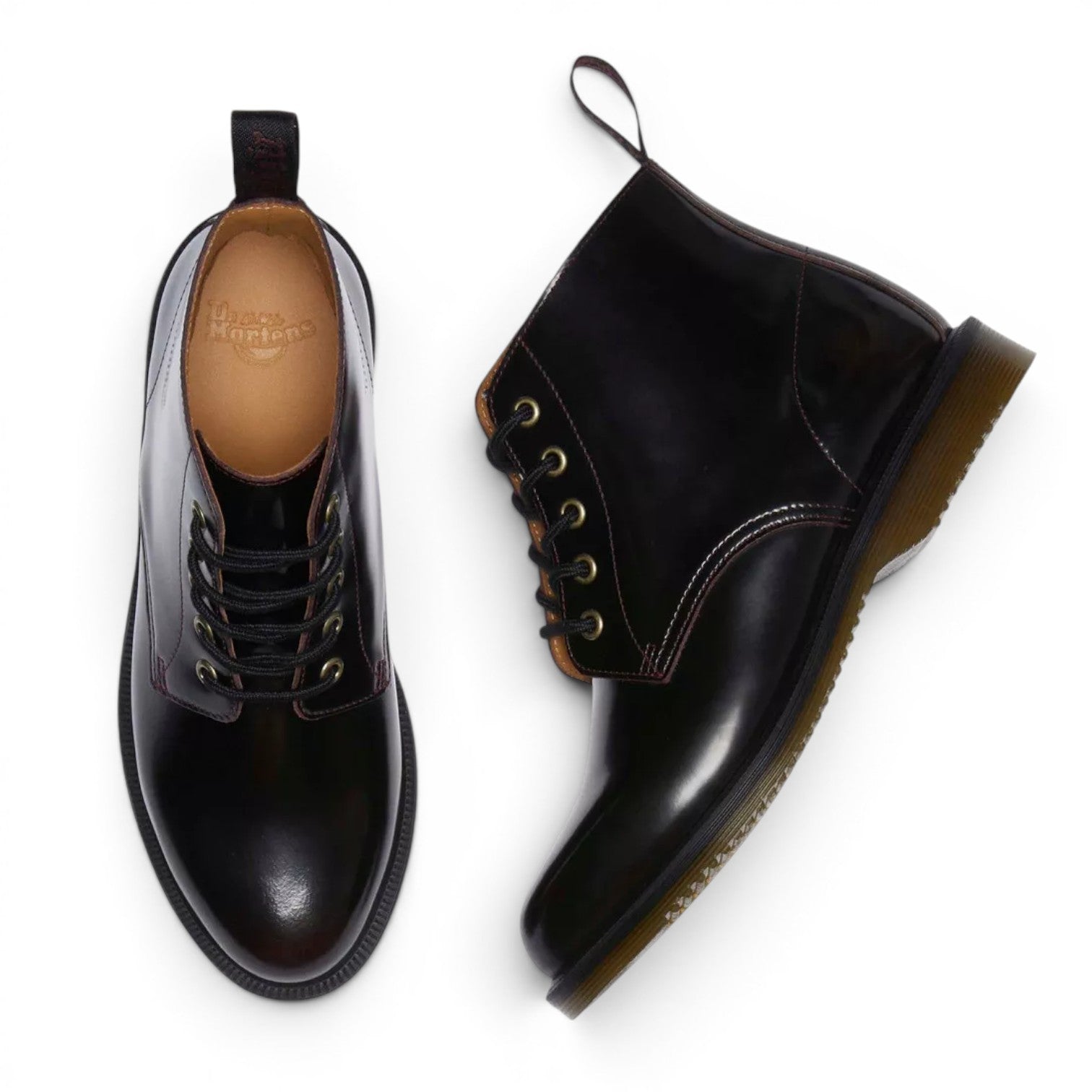 My Store Dr. Martens Emmeline Arcadia dark cherry red leather lace-up ankle boots with Goodyear welt construction.