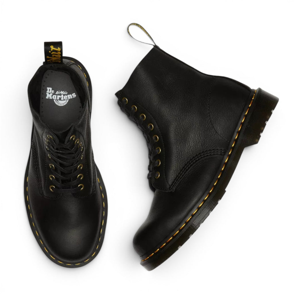 My Store Dr. Martens 1460 Ambassador black tumbled leather boots with yellow stitching and gold eyelets.