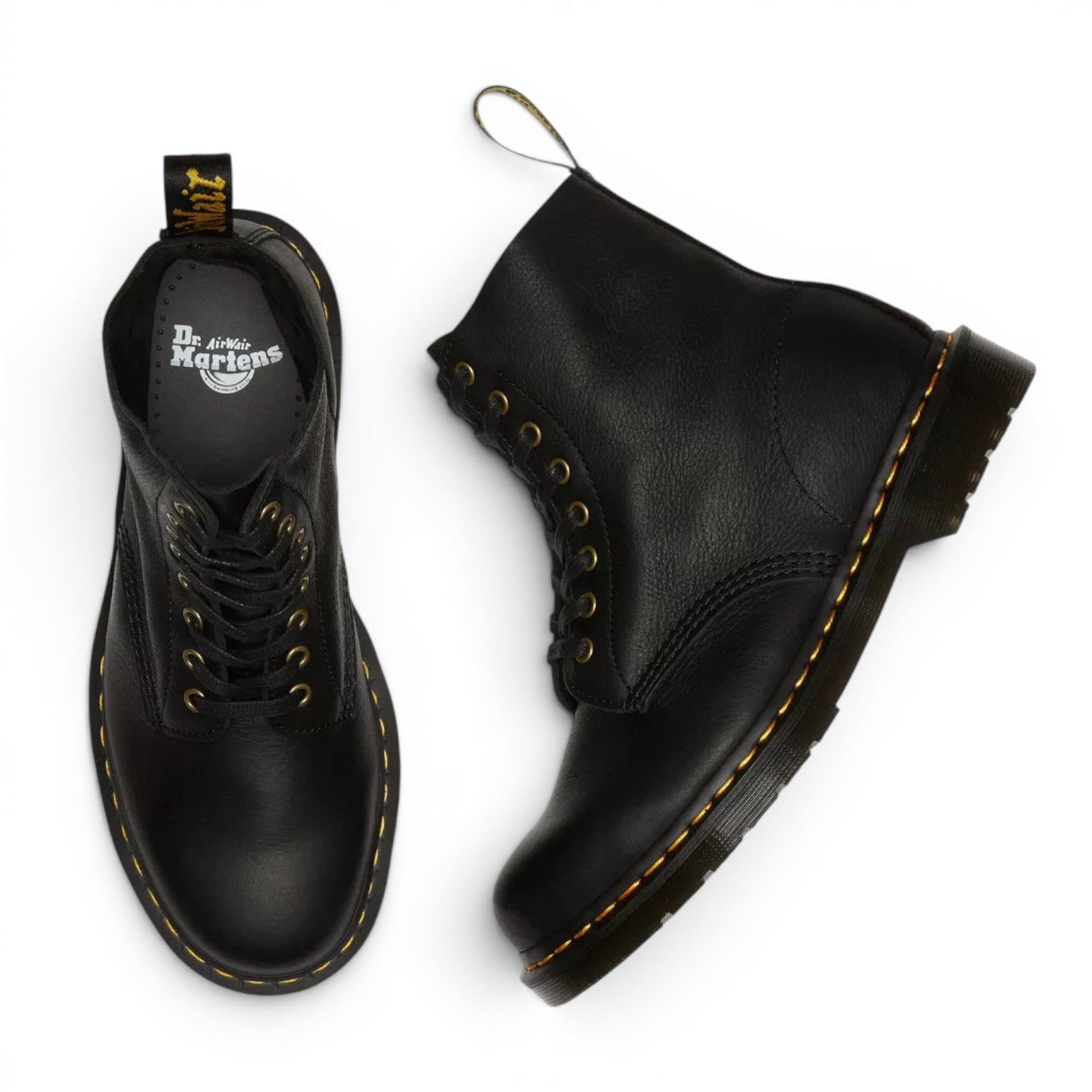 My Store Dr. Martens 1460 Ambassador black tumbled leather boots with yellow stitching and gold eyelets.