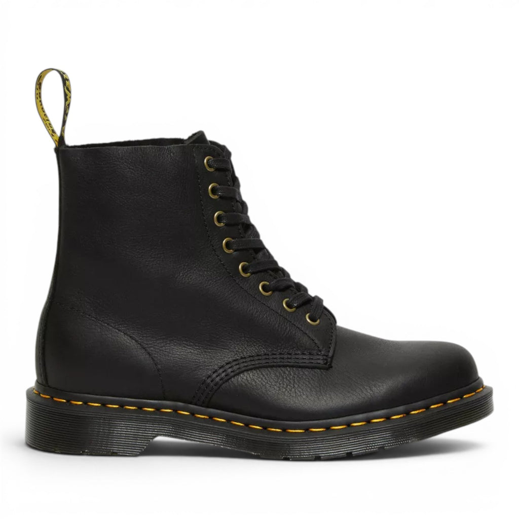 My Store Dr. Martens 1460 Ambassador black tumbled leather lace-up boots with yellow stitching and heel loop.
