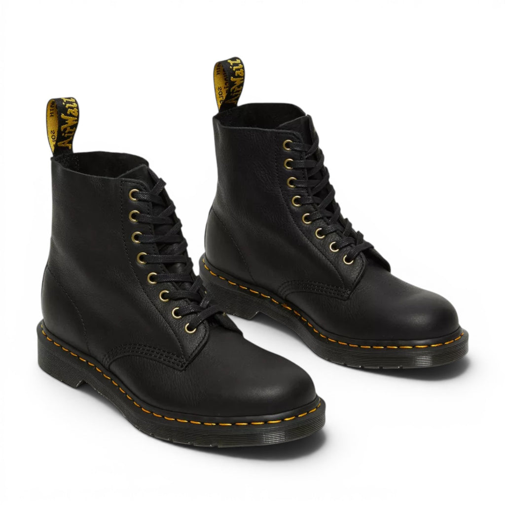 My Store Dr. Martens 1460 Ambassador black tumbled leather lace-up boots with yellow stitching and gold eyelets.