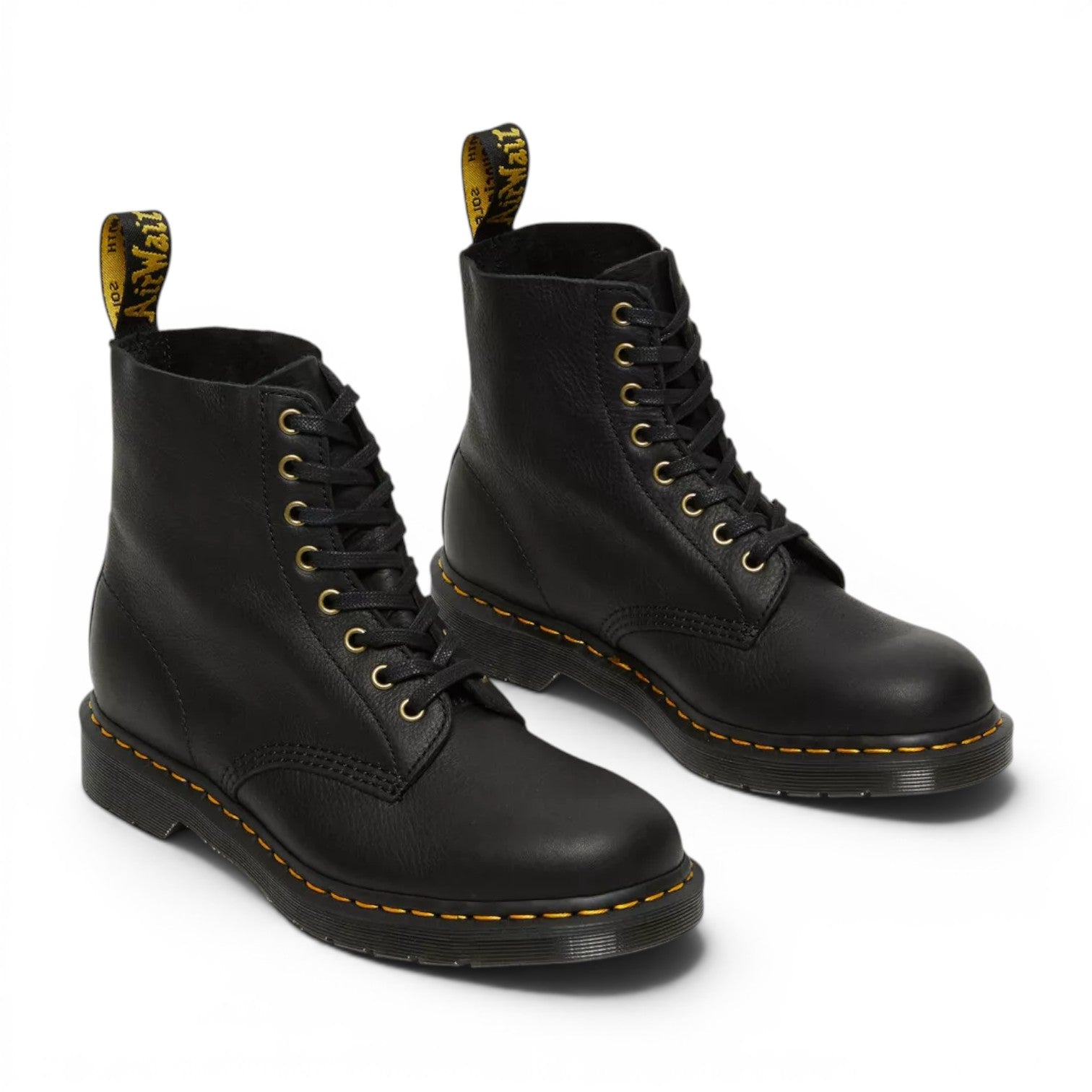 My Store Dr. Martens 1460 Ambassador black tumbled leather lace-up boots with yellow stitching and gold eyelets.