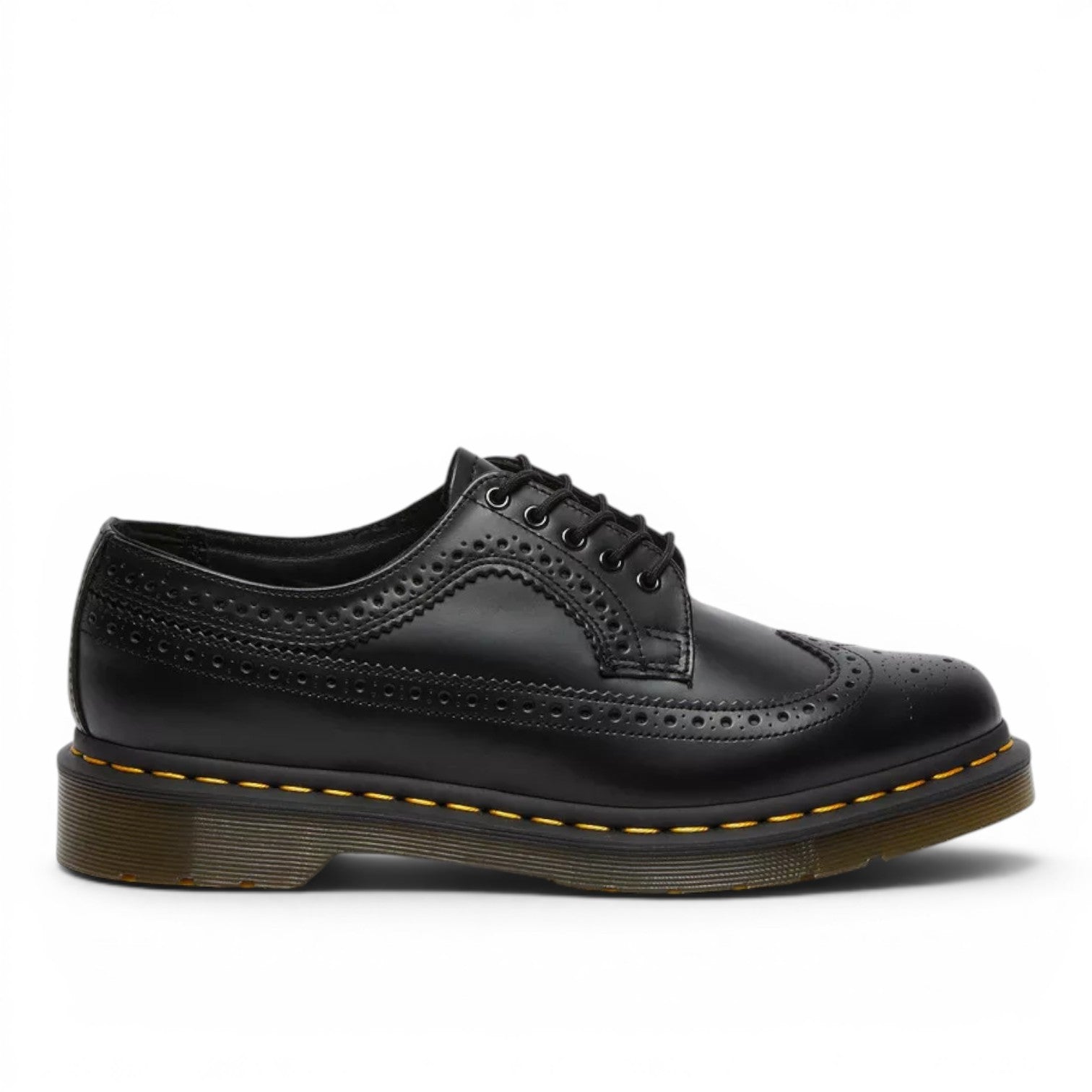 My Store Dr. Martens 3989 black leather brogue shoes with PVC sole and yellow stitching.