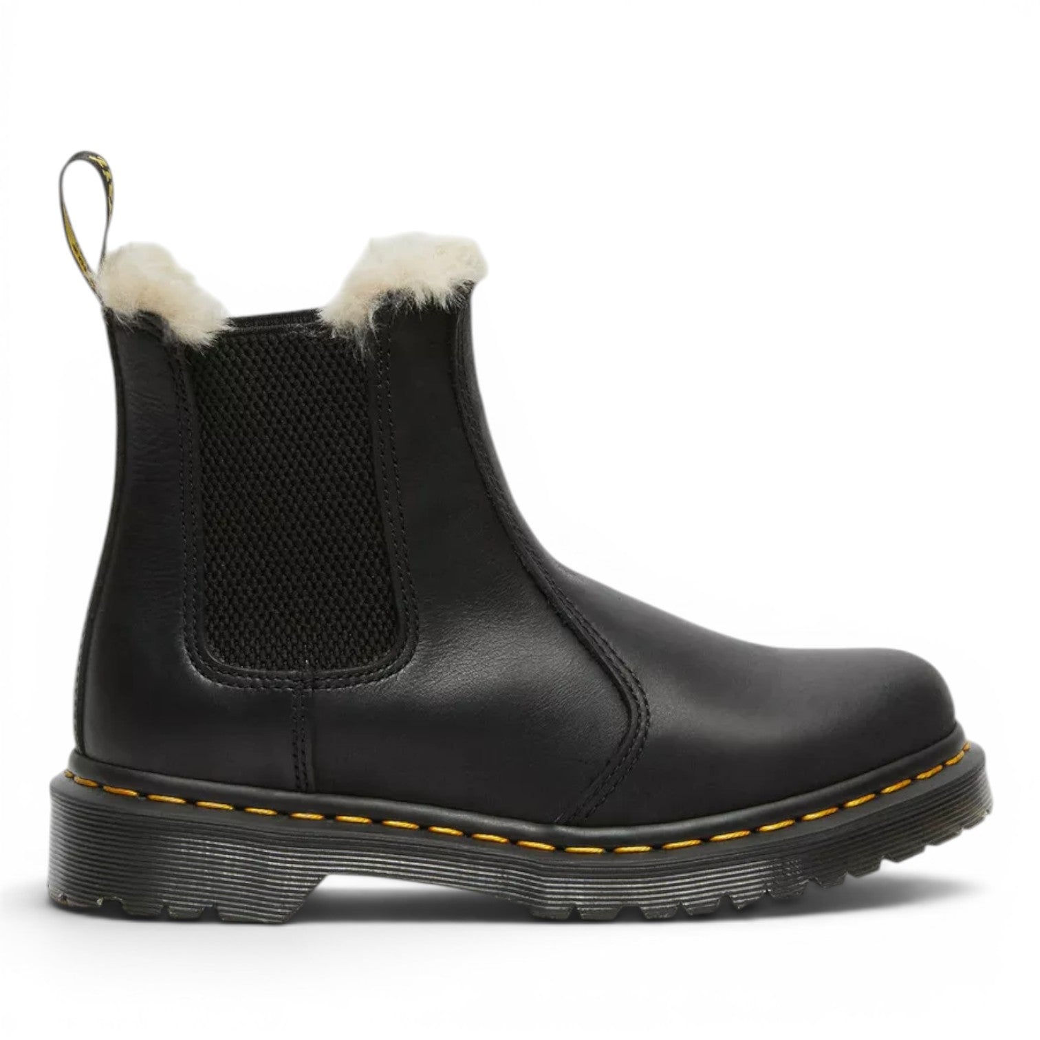 My Store Dr. Martens 2976 Leonore black faux fur lined leather Chelsea boots with yellow stitching and a PVC sole.