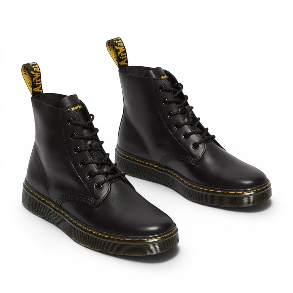 My Store Dr. Martens Thurston Lusso Leather Chukka boots in black with yellow AirWair heel loop and signature yellow stitching.