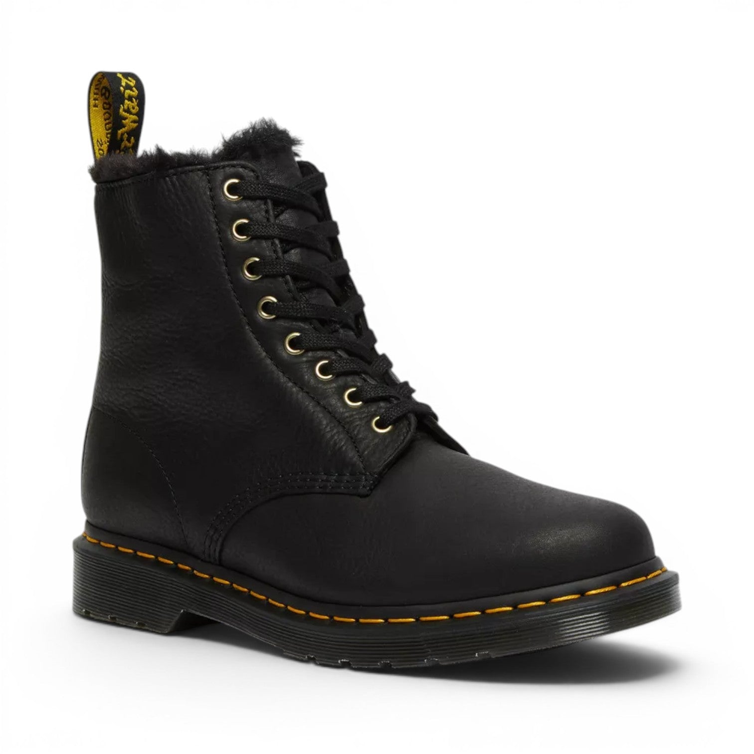 My Store Dr. Martens 1460 Pascal Ambassador faux fur lined black leather boots with yellow stitching.