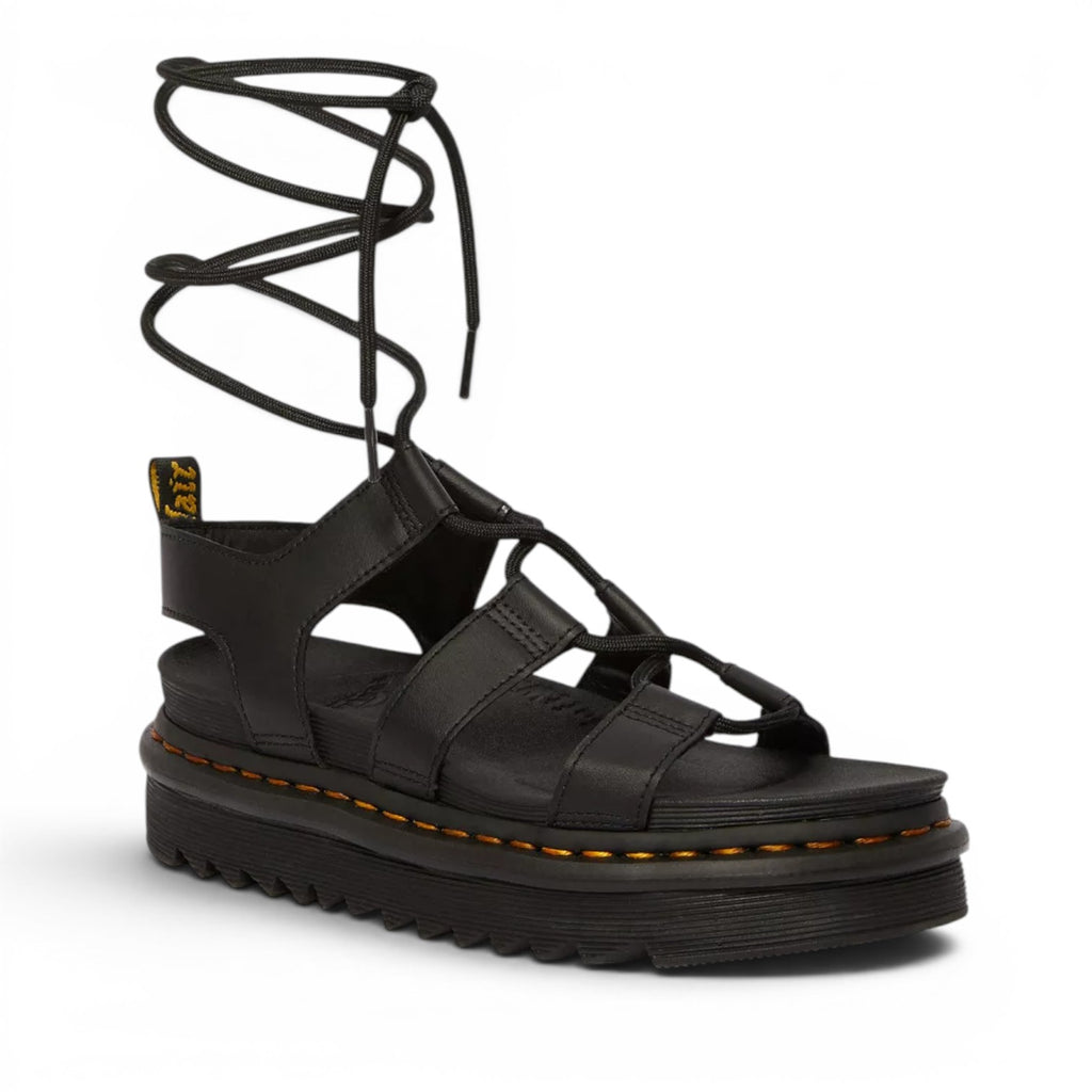 My Store Dr. Martens Nartilla Hydro black leather lace-up gladiator sandals with a platform sole.