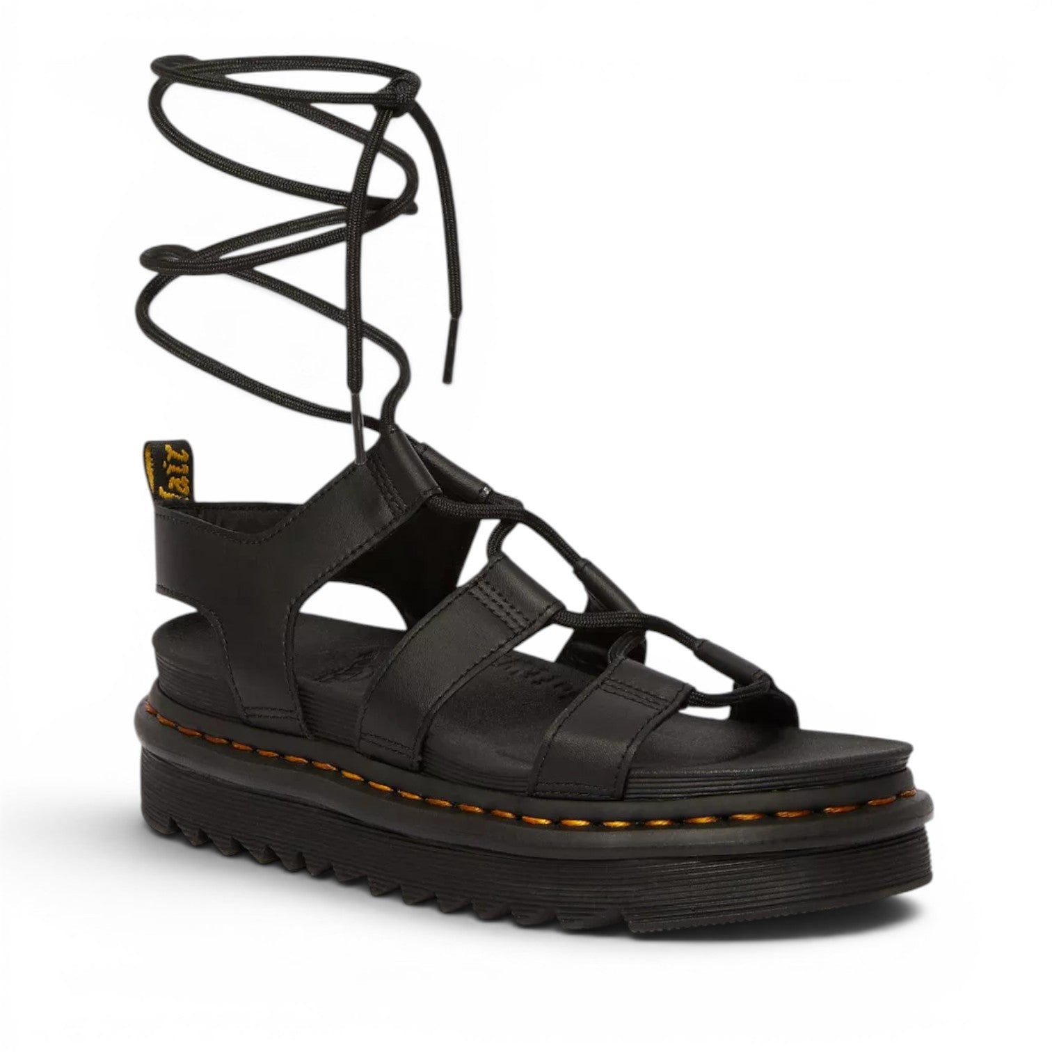 My Store Dr. Martens Nartilla Hydro black leather lace-up gladiator sandals with a platform sole.
