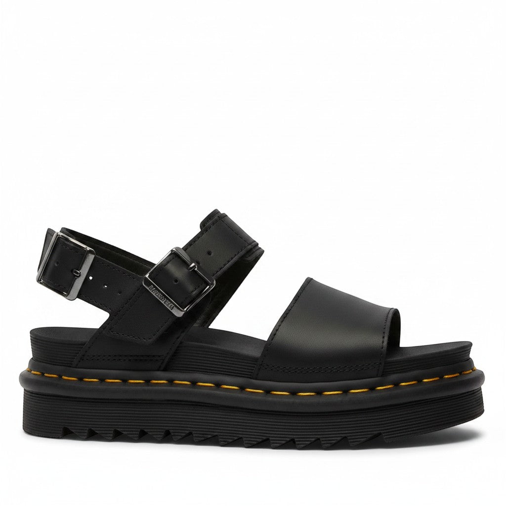 My Store Dr. Martens Voss Hydro black leather platform sandals with adjustable ankle strap and buckle closure.