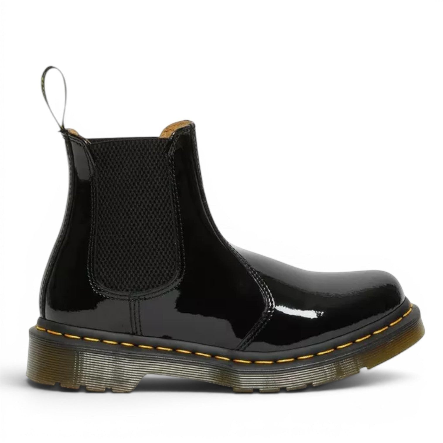My Store Dr. Martens 2976 black patent leather Chelsea boots with elasticated side panels and yellow stitching.