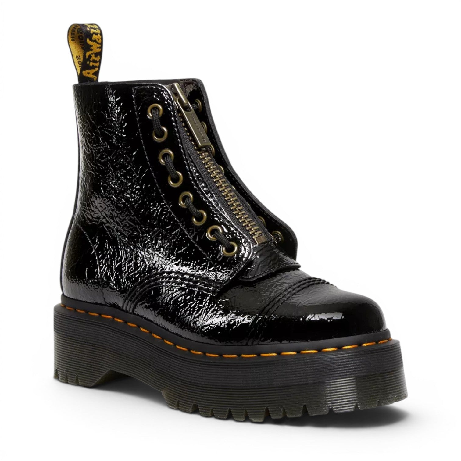My Store Dr. Martens Sinclair black distressed patent leather platform boots with front zipper and yellow AirWair heel loop.