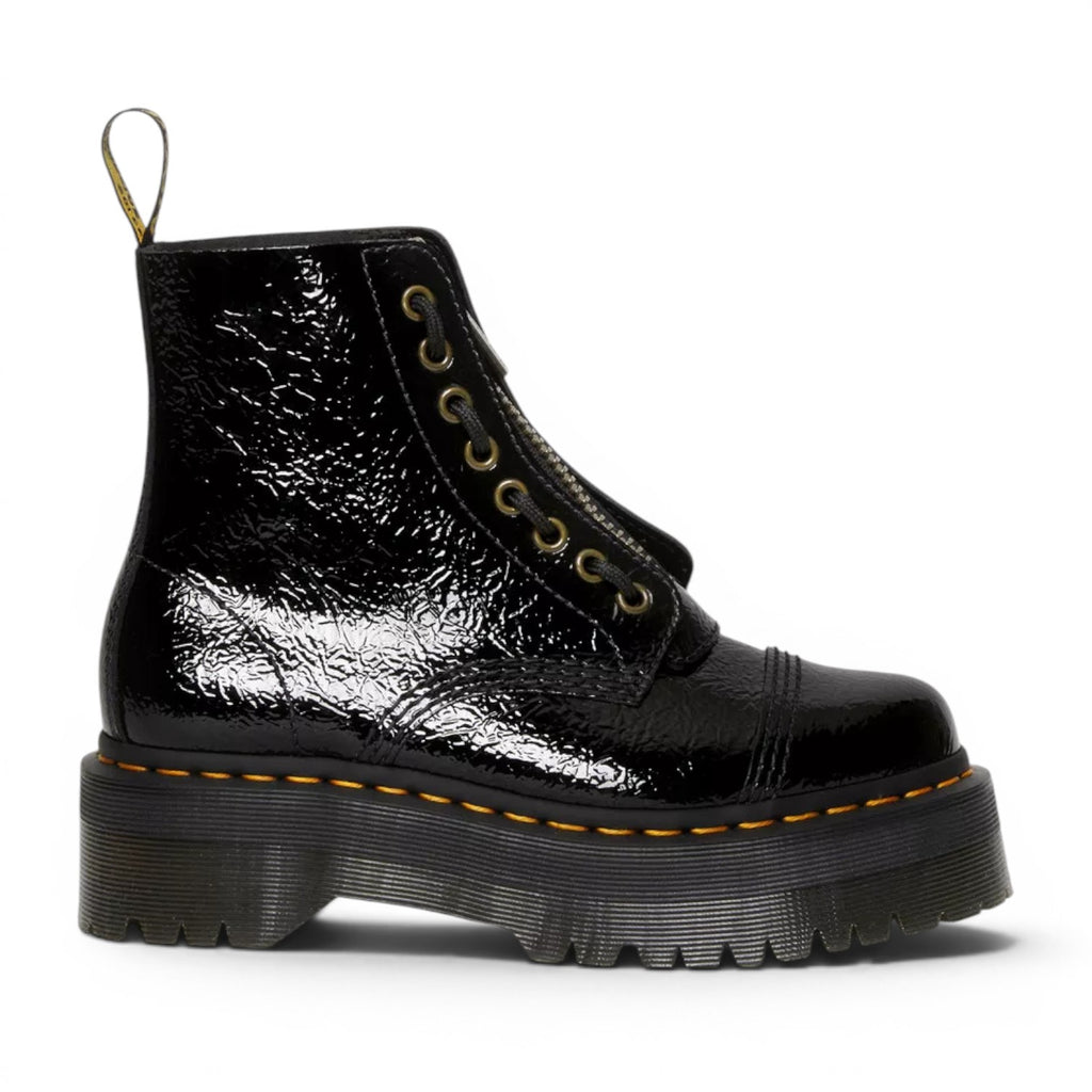 My Store Dr. Martens Sinclair black distressed patent leather platform boots with front zip and laces.