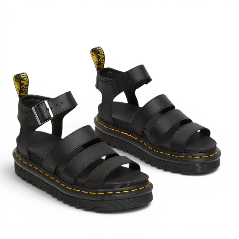 My Store Dr. Martens Blaire Hydro Leather black platform sandals with adjustable ankle strap and triple strap front.