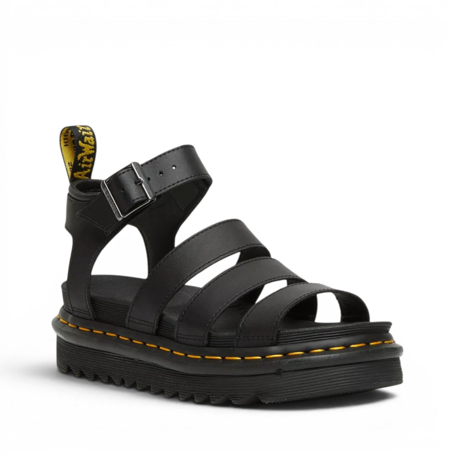 My Store Dr. Martens Blaire Hydro Leather black platform sandals with ankle strap and buckle closure.