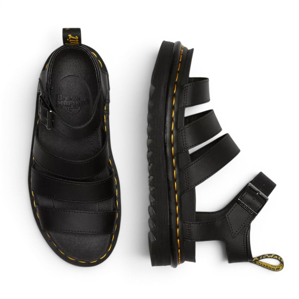 My Store Dr. Martens Blaire Hydro Leather black sandals with buckle strap and EVA sole.