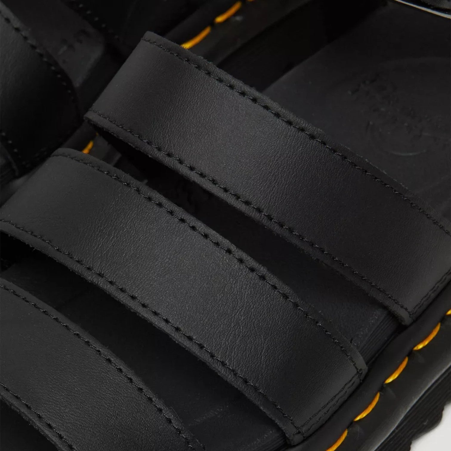 My Store Dr. Martens Blaire Hydro Leather black sandals with adjustable straps and yellow stitching.