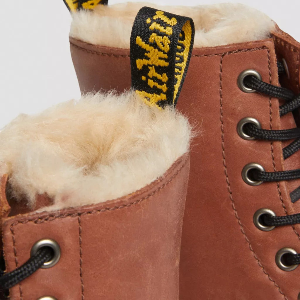 My Store Dr. Martens 1460 Serena brown faux fur lined leather boots with yellow AirWair heel tab.