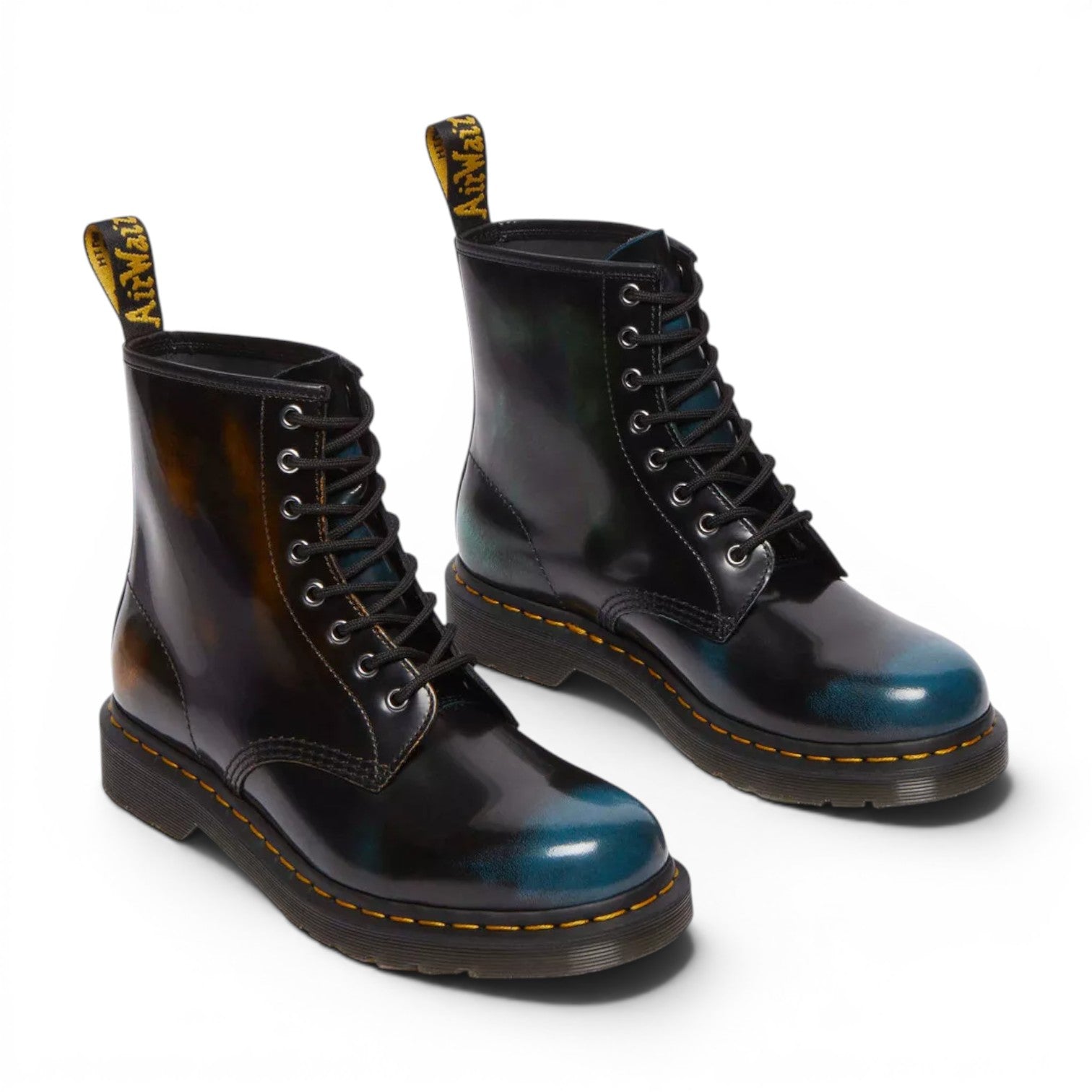 My Store Dr. Martens 1460 Brush Off leather lace-up boots in black with blue and brown iridescent accents. Features yellow stitching and AirWair heel loop.
