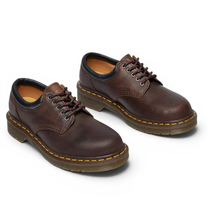 My Store Dr. Martens 8053 Crazy Horse leather brown lace-up shoes with yellow stitching and black collar.