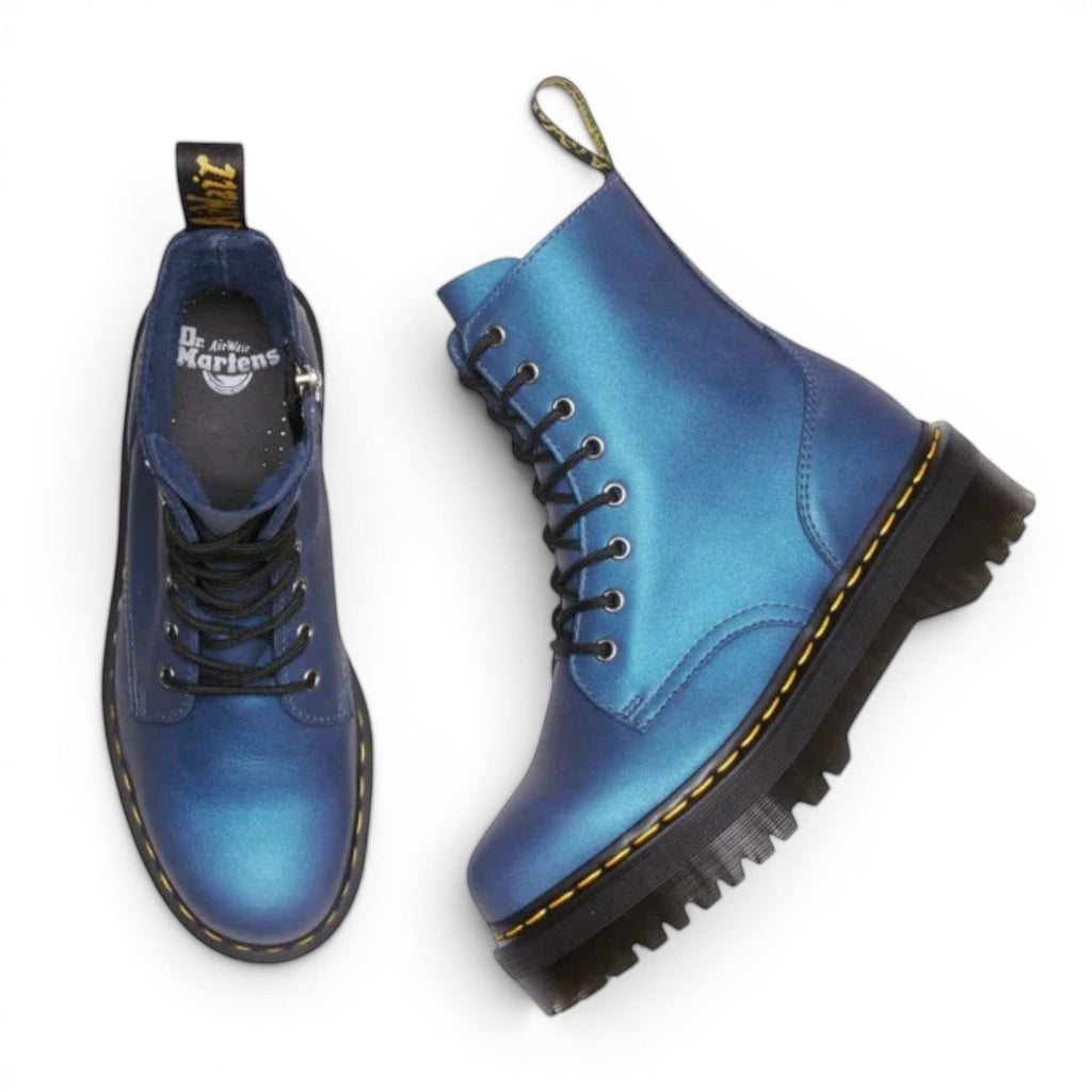 My Store Dr. Martens Jadon Deep Blue iridescent leather platform boots with black laces and yellow stitching.