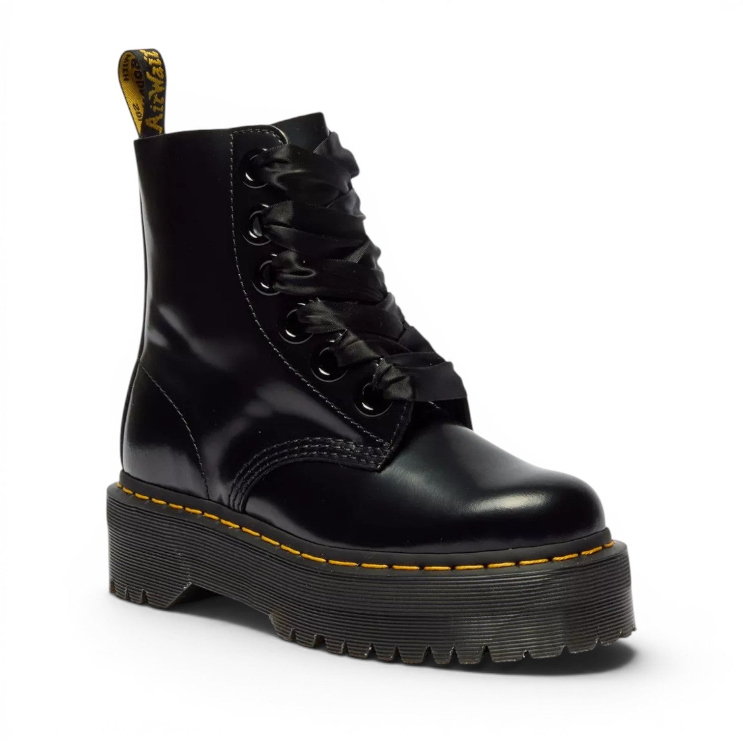 My Store Dr. Martens Molly black leather platform boots with satin ribbon laces and yellow stitching.