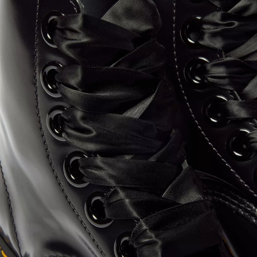 My Store Dr. Martens Molly black leather platform boots with satin ribbon laces.